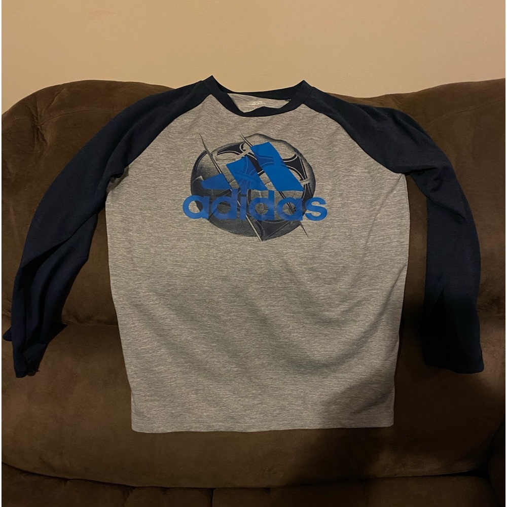 Adidas LS Shirt- Boys Sz: 7x Gray with Navy Sleeves and Cobalt Blue